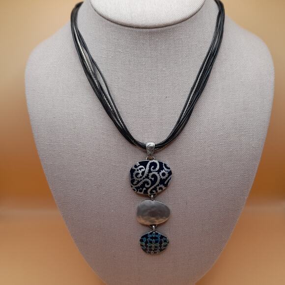 Chico's Blue Enamel Pendant Necklace, Leather Cords, 20 Inch - Picture 2 of 10